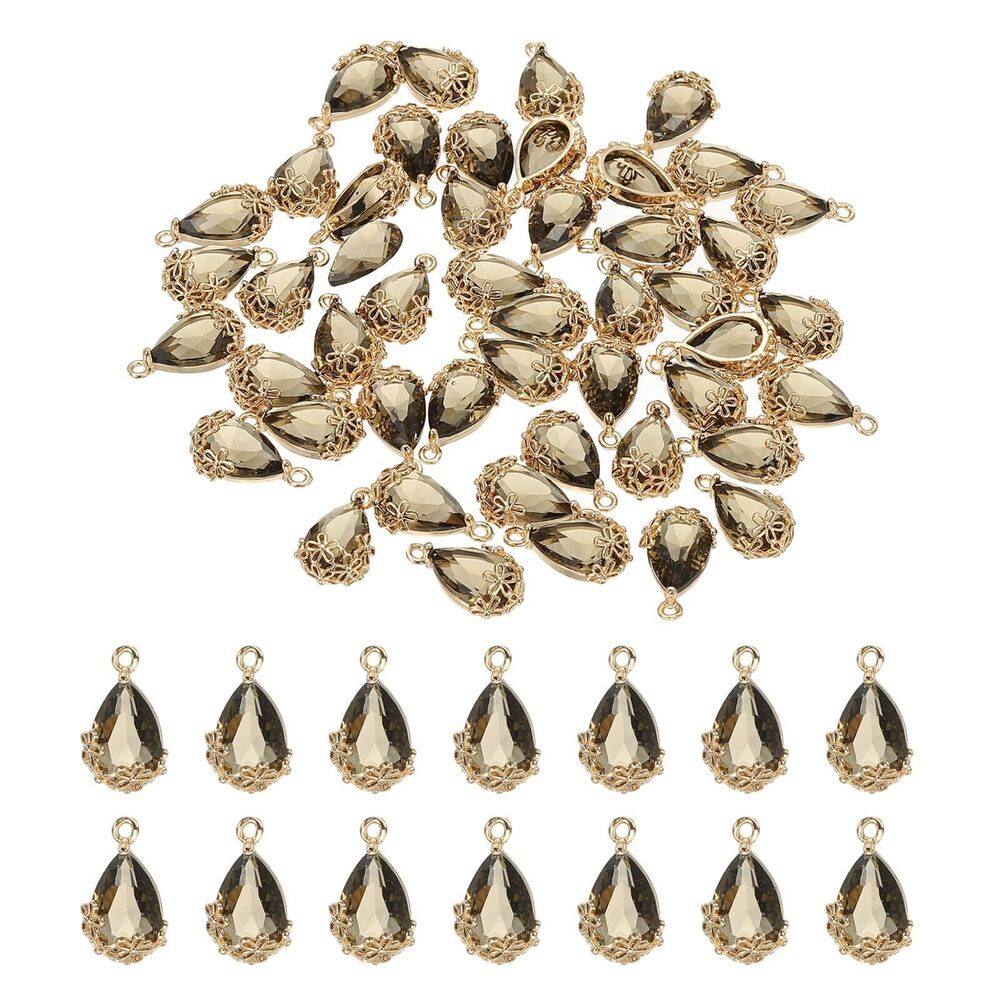 3677 50 Pcs Faceted Teardrop Rhinestone Gemstone Charms, Gold Plated Glass
